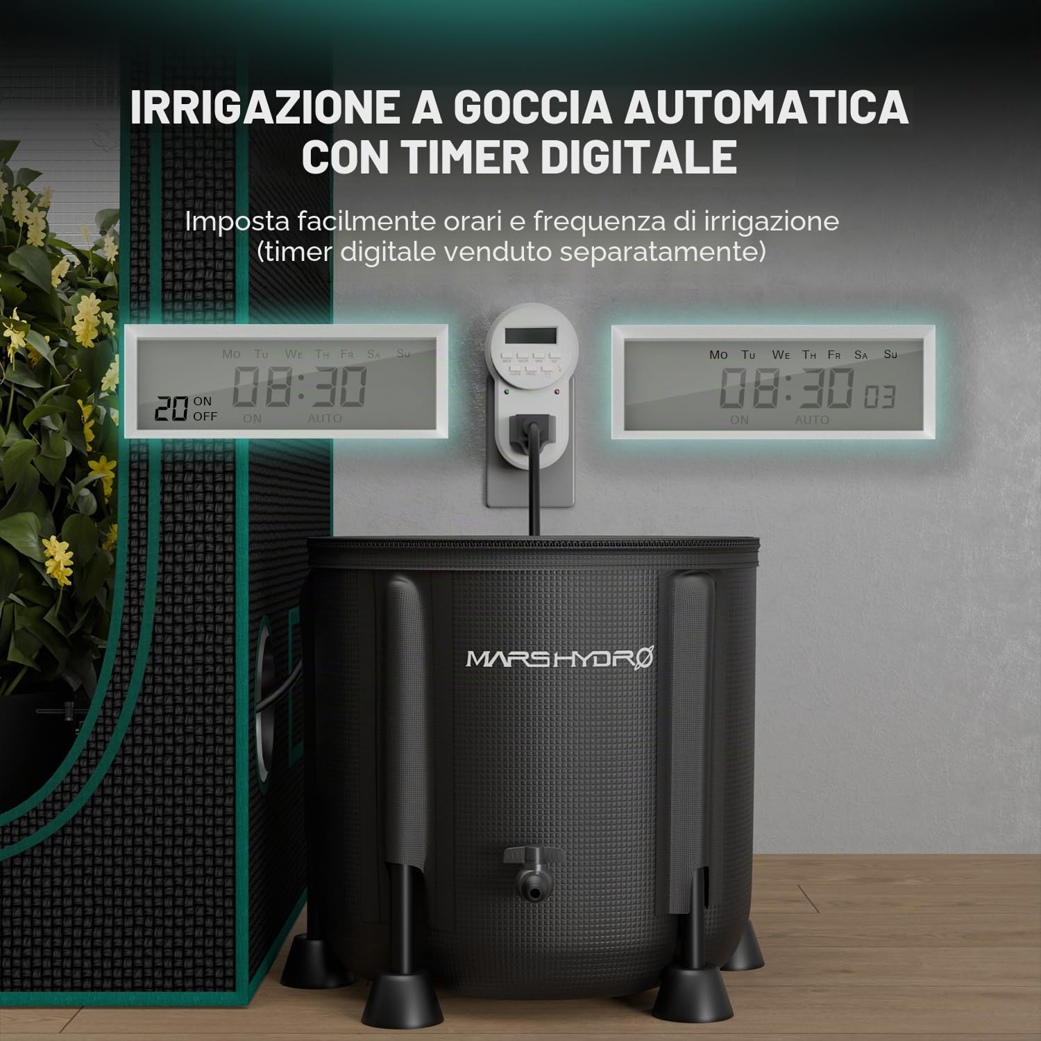 MARS HYDRO 2025 Kit di irrigazione a goccia automatica con secchio pieghevole da 5 l, pompa dell'acqua migliorata 24 W, 8 trasmettitori a goccia