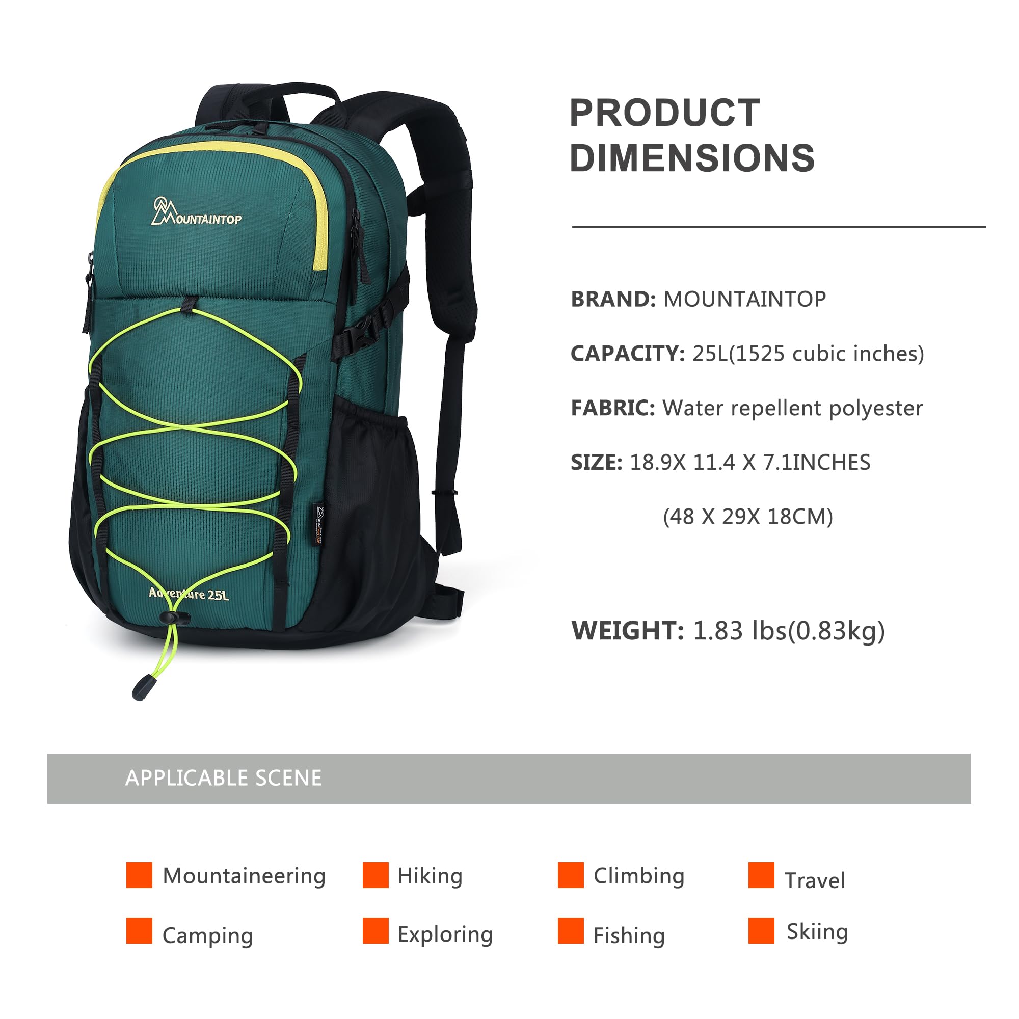 MOUNTAINTOP Zaino da trekking, 25 l, zaino da campeggio, unisex, zaino da escursionismo, zaino leggero da viaggio, per campeggio, arrampicata, sci, ciclismo