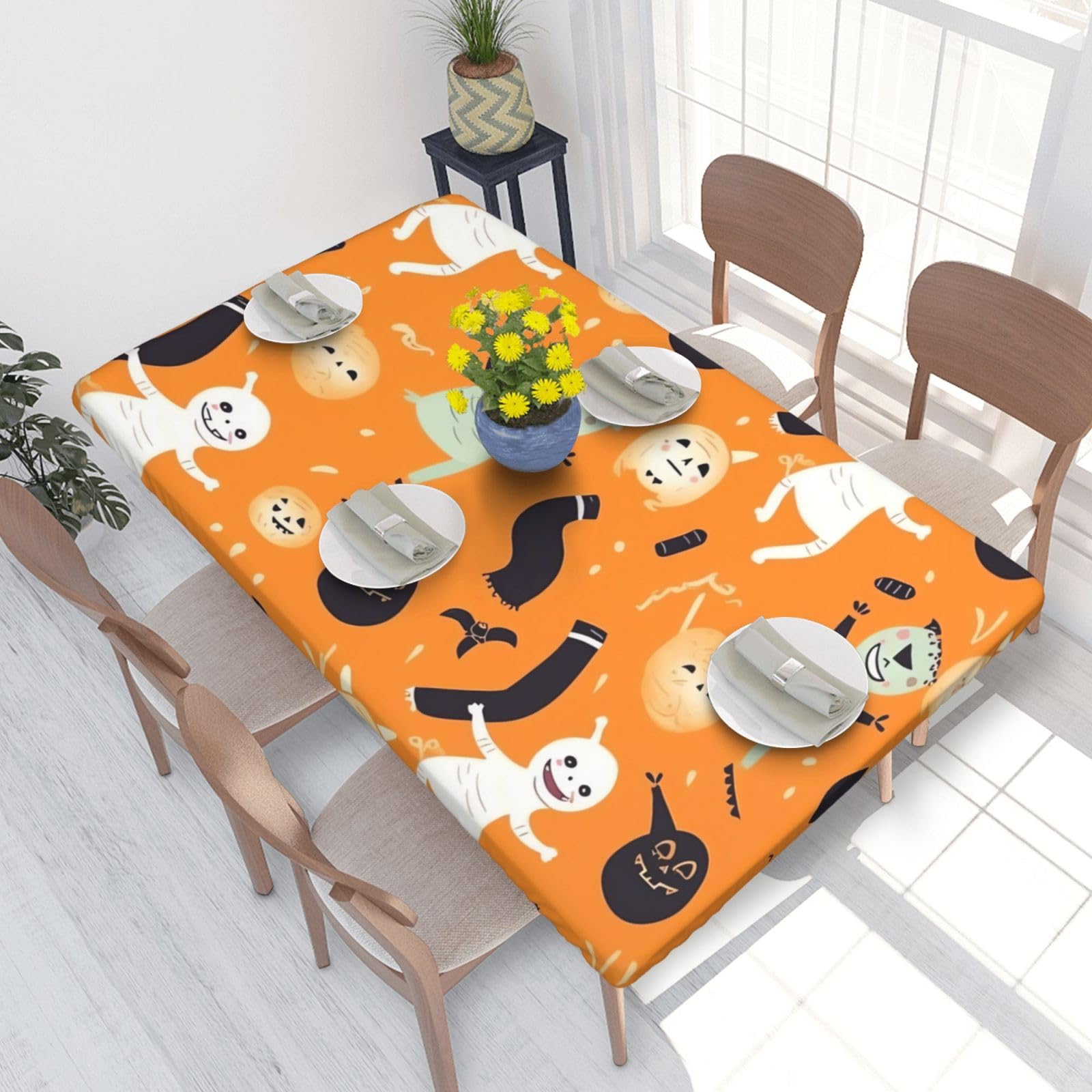 Cute Halloween Pattern Waterproof Square Table Cover Elastic Fitted Tablecloth Oil Proof Table Protector For 4ft Table