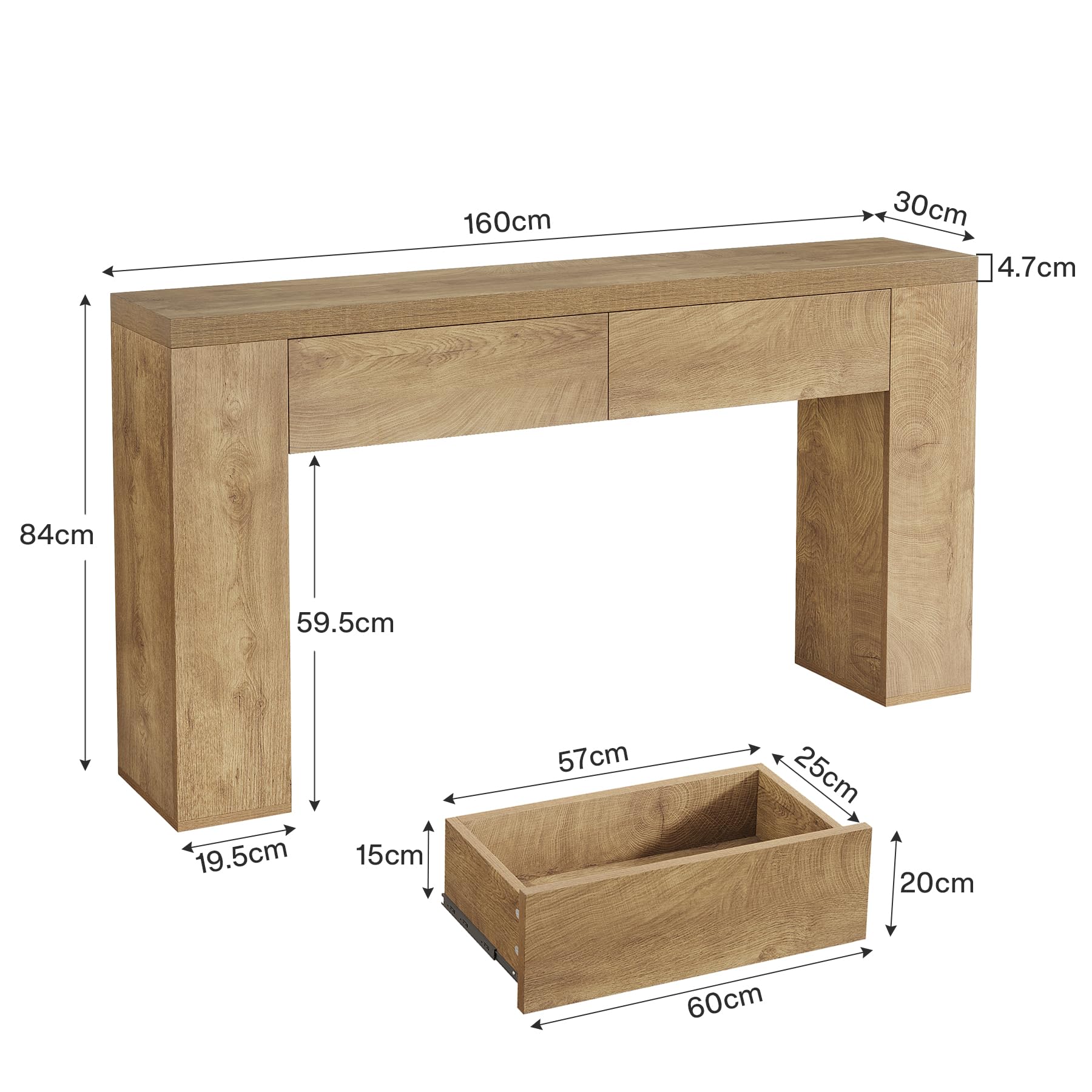 Tribesigns Tavolo consolle da 160 cm con 2 cassetti, tavolino da corridoio sottile con vano portaoggetti, moderno in legno dietro il divano, stile rustico, per corridoio, soggiorno, corridoio