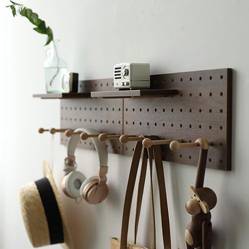 Wooden Pegboard Modular Display Organization Storage Wall Hooks Shelf(Color：Walnut)
