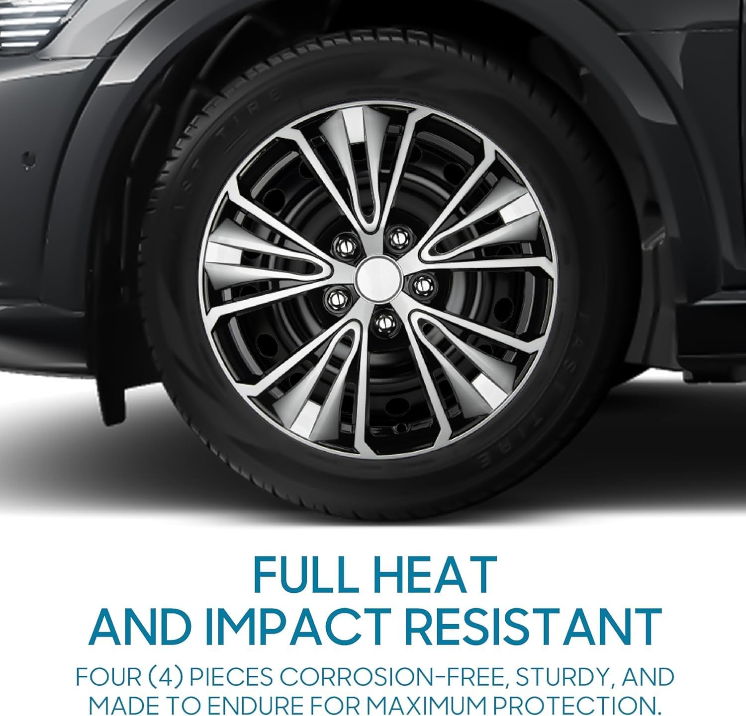 BDK 16 Inch Hubcaps Set of 4 – OEM Replacement Snap-On Wheel Rim Covers - Universal Fit Car Wheel Cover for Cars, Trucks, SUV, Vans Durable ABS Black & Silver 10-Spoke Hub-Cap Car Accessories Exterior