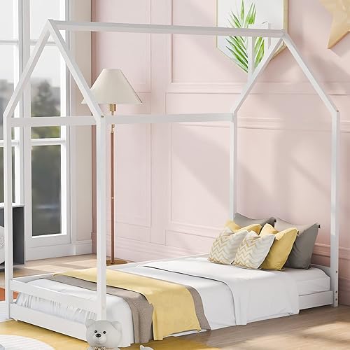 Miniatura 4 de Montessori - Cama tamaño individual para niños, cama de casa para niños pequeños con techo, base de cama de madera para suelo, mueble de dormitorio
