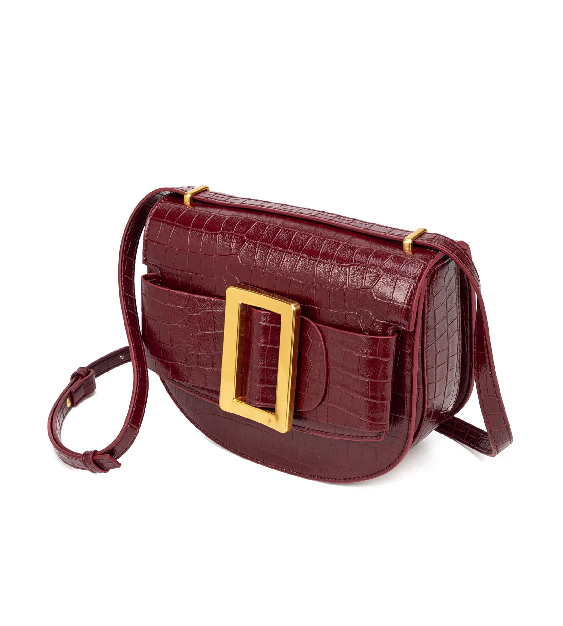 KingTo Croc Embossed Saddle Crossbody Bag, Gold Buckle Shoulder Purse