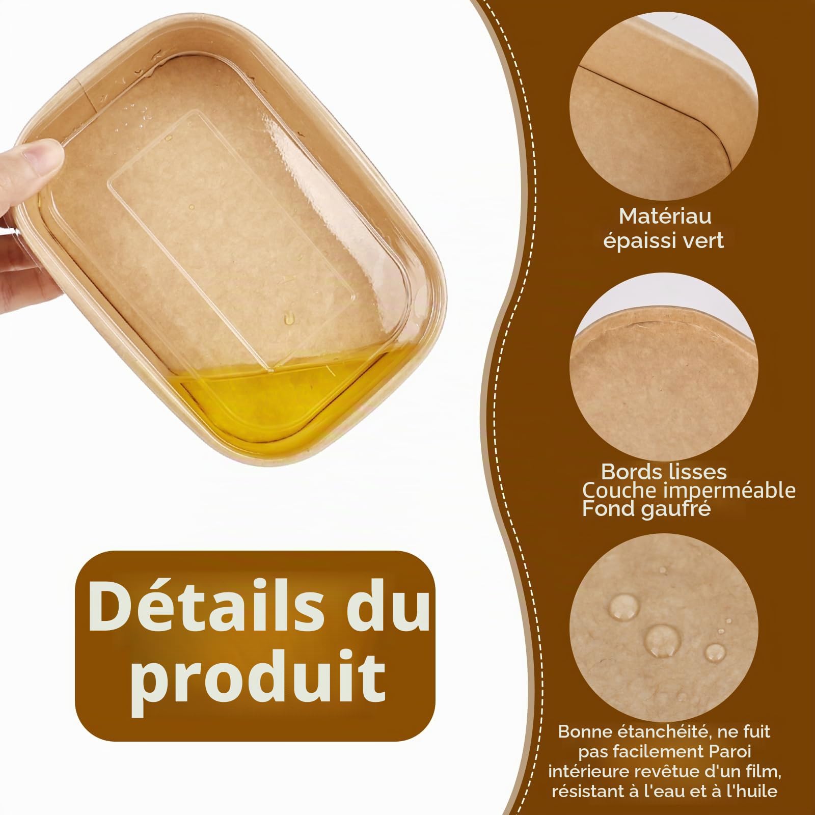Lot de 25 bols jetables en papier kraft de 500 ml avec couvercle, boîte en papier à emporter, résistant à l'eau et à l'huile, saladier pour le travail, les collations, les soupes