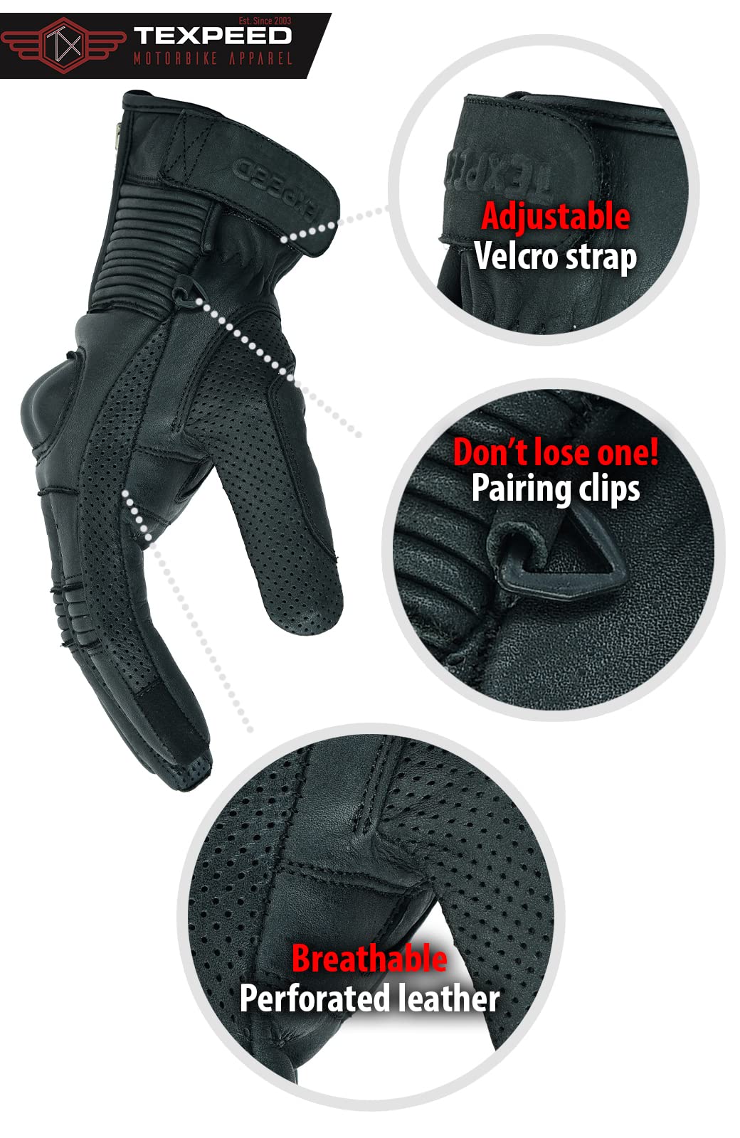 Texpeed Guanti da moto in pelle uomo - Estivi/invernali Guanti per motociclisti - Protezione delle mani zippata per ciclomotore Armatura