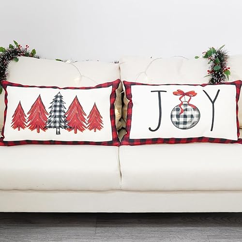 Miniatura 2 de TAJWE Juego de 2 fundas de almohada navideñas de 12 x 20 pulgadas, diseño de árboles de alegría de invierno, fundas lumbares para sofá, decoración