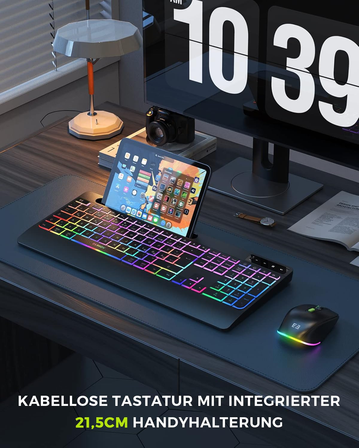 Seenda JPX006 kabelloses Tastatur Maus Set beleuchtet ergonomisch mit Handyhalter Handballenauflage leise Tasten QWERTZ