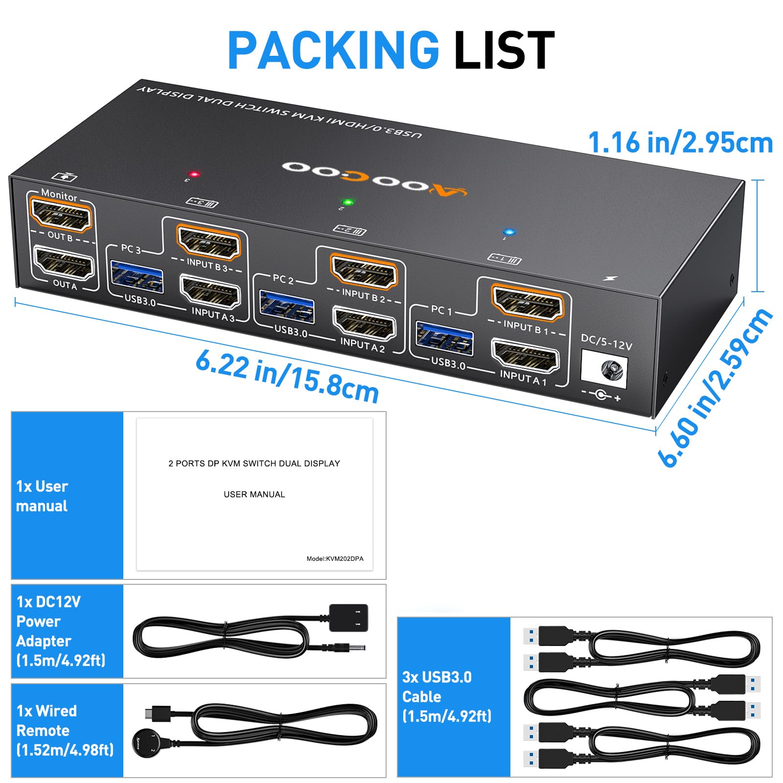 HDMI KVM Switch 3 PC 2 Monitore 4K@60Hz mit EDID Emulator, Dual Monitor KVM Switch 4 USB 3.0 Anschlüssen, inklusive Netzteil kabelgebundener Fernbedienung und Kabeln
