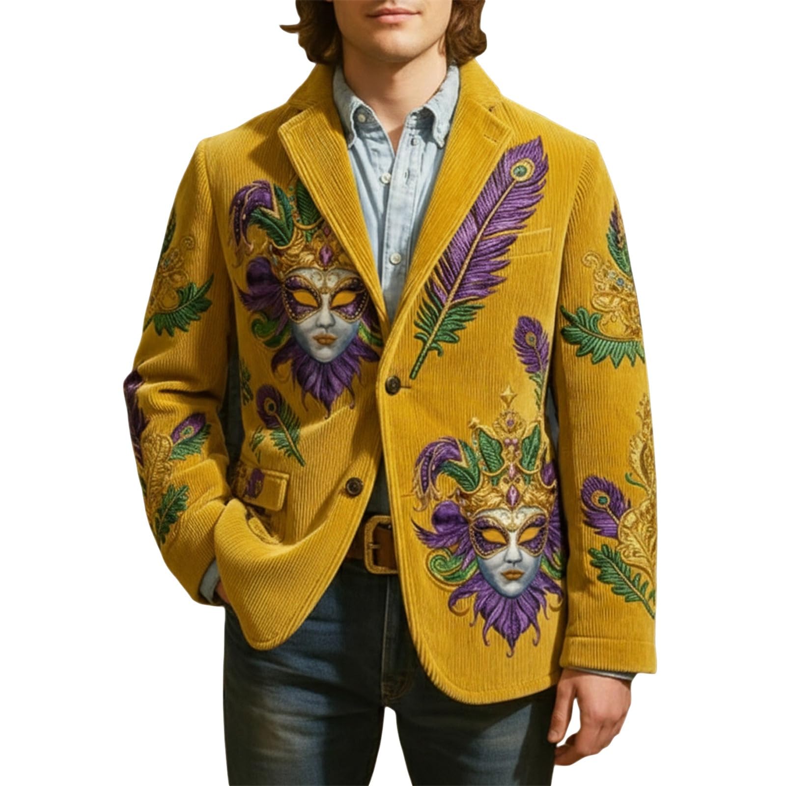 Mardi Gras Jacket Mens Holiday Blazer Outfits Plus Size Suit Sequin Top Accessories Costume Corduroy Cardigan Apparel, Z-15-Yellow, XL