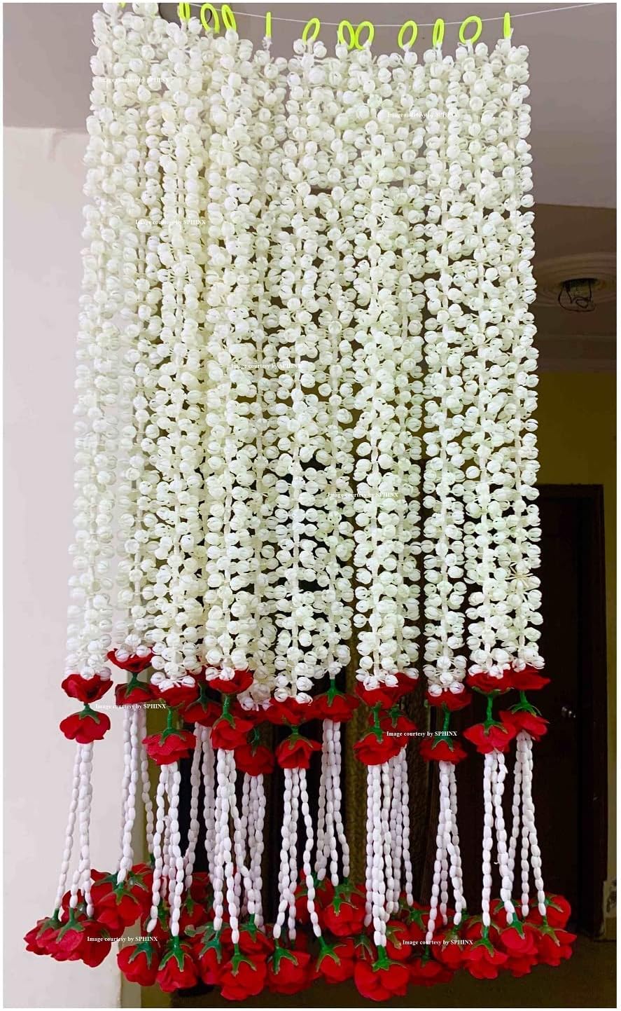 SPHINX Artificial Jasmine Buds & Clustered Rose Strings for Festive Pooja Wedding Housewarming Decorations Approx 2.5 ft - Number of Strings- (Red, 6)