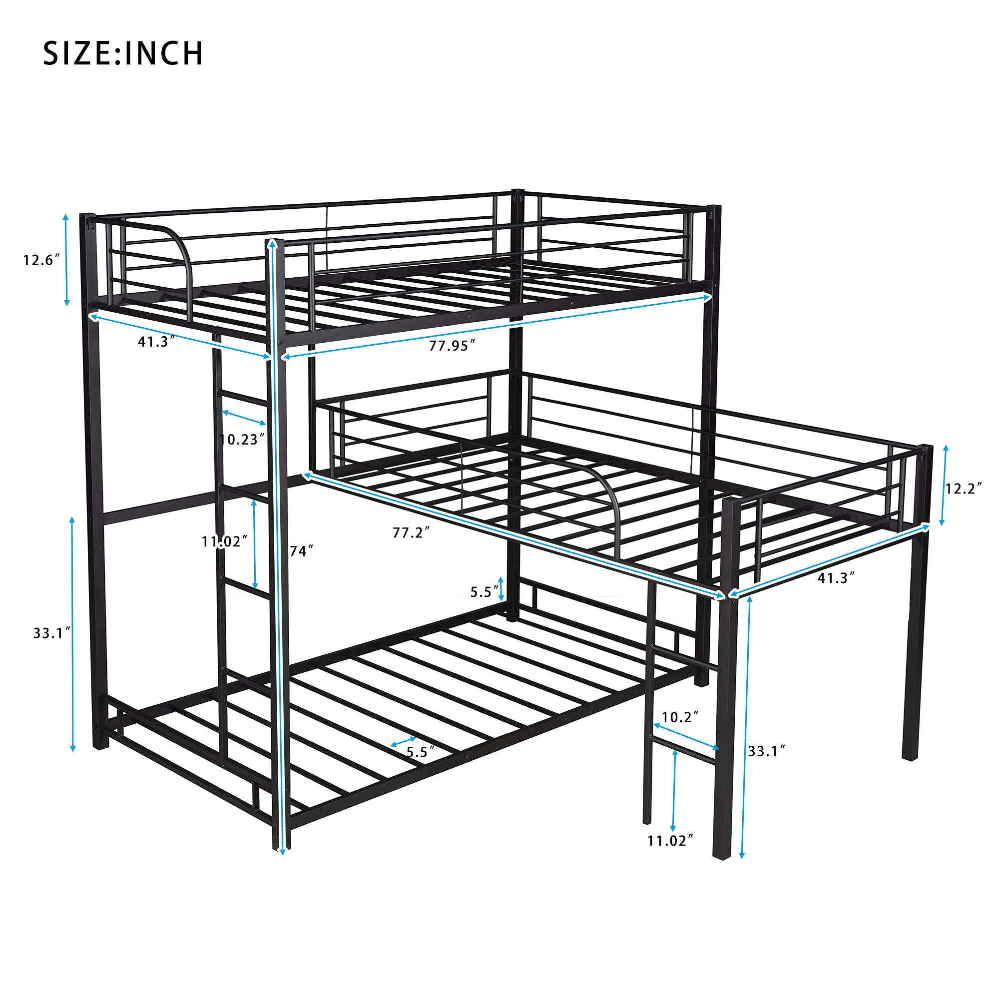 Twin Over Twin Bunk Bed, LShaped Metal Triple Bunk Bed Attached Twin