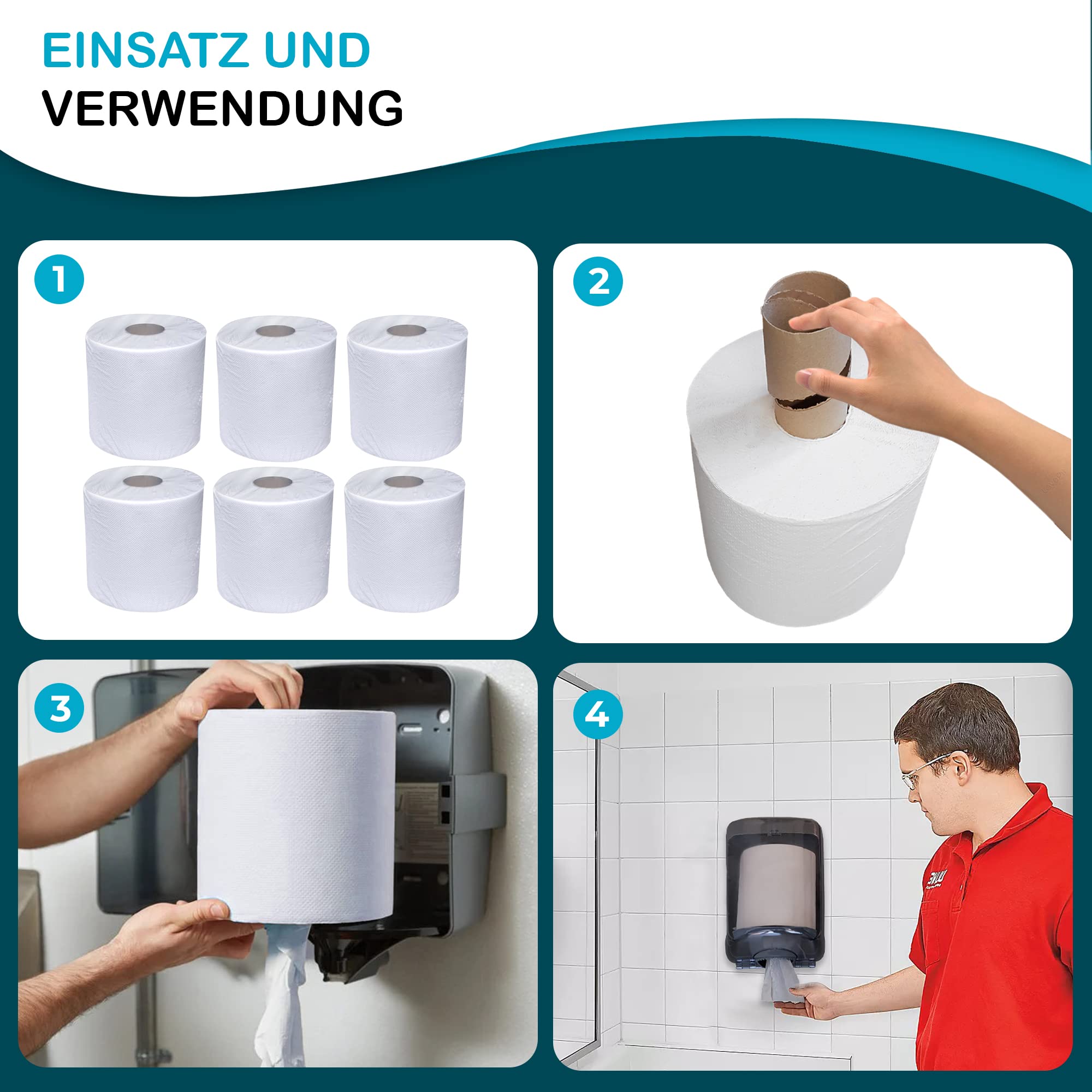 Handtuchpapierrollen 2-lagig, Spiralkern 20cmx150m, Weißegrad 70%, Perforiert – Papierhandtücher für Spender, Einweg Handtuchrollen, Hygienische Handtuchpapierrollen für Gastronomie und Fitness