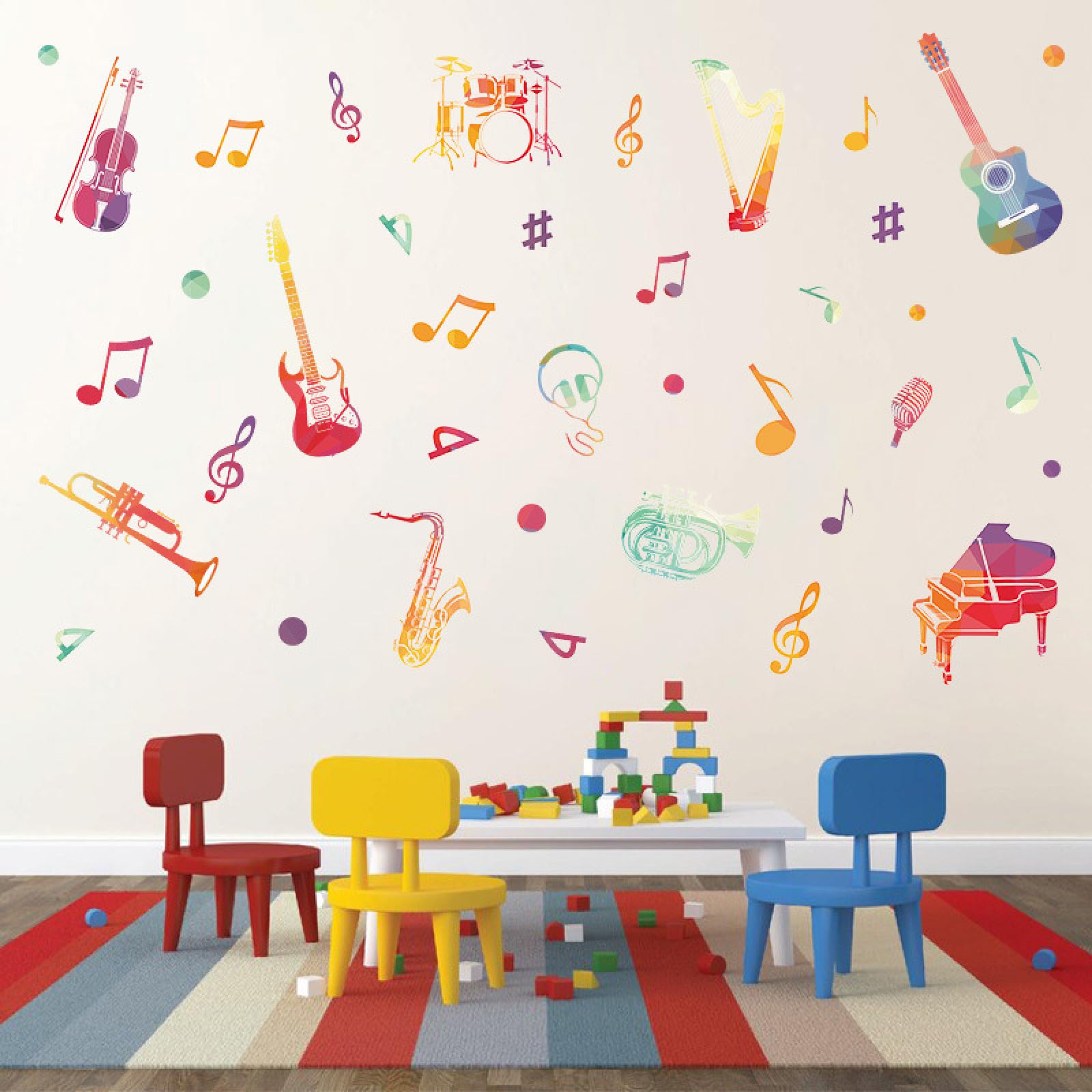 Adesivi Da Parete Adesivo da parete per strumenti musicali con note musicali disegnate a mano Removibile Adesivi da Parete per Camera Soggiorno Decorazione Casa