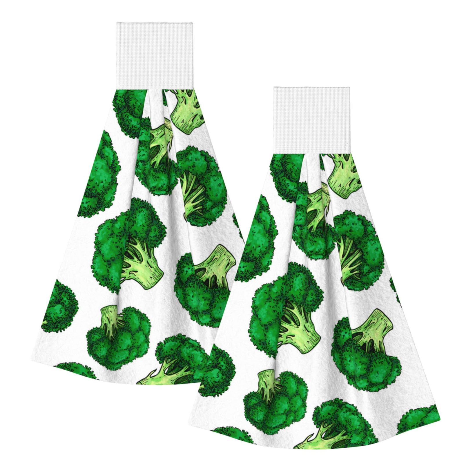 DOPKLNA Broccoli, 2 Pcs Hanging Coral Fiber Hand Towels for Bathroom, Absorbent Kitchen Towels