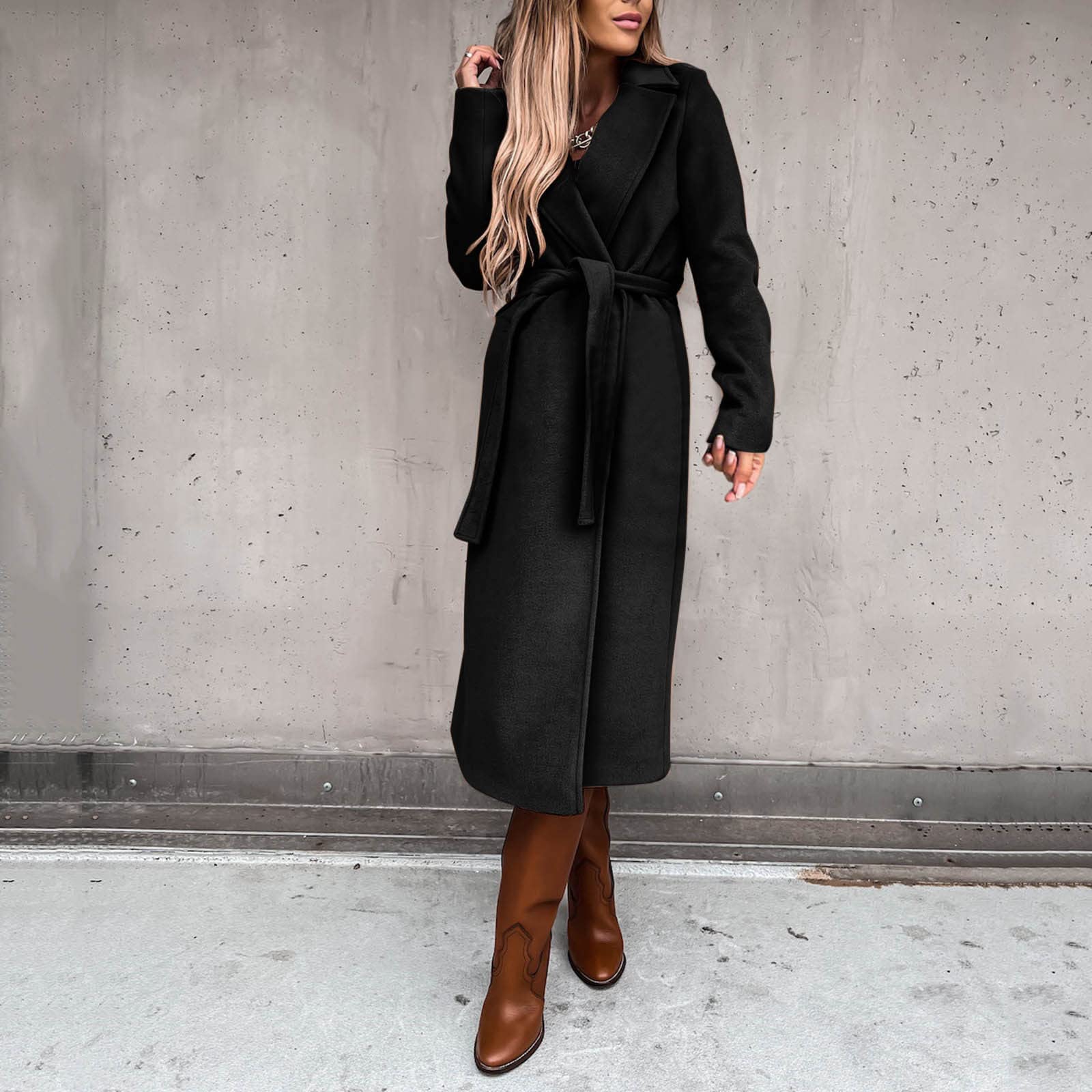 Generisch Abrigo de lana sintética de invierno para mujer, blusa, abrigo fino, chaqueta larga, cinturón largo y delgado, abrigo elegante