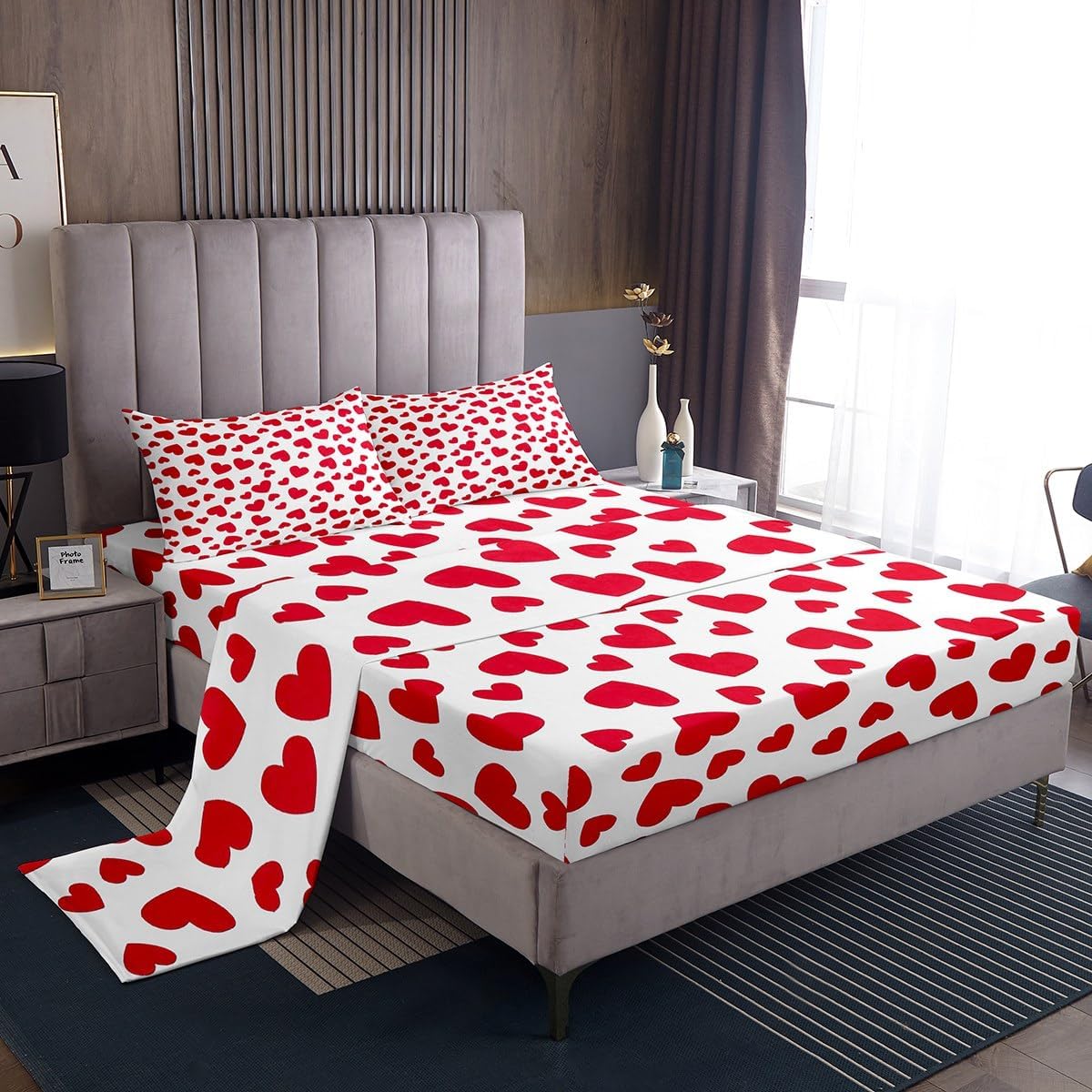jejeloiu Heart Love Bed Sheets Set King Size Romantic Love Pattern Sheet Set Valentine's Day Sheets with Deep Pocket Fitted Sheet Red White Bedding Set Bedroom