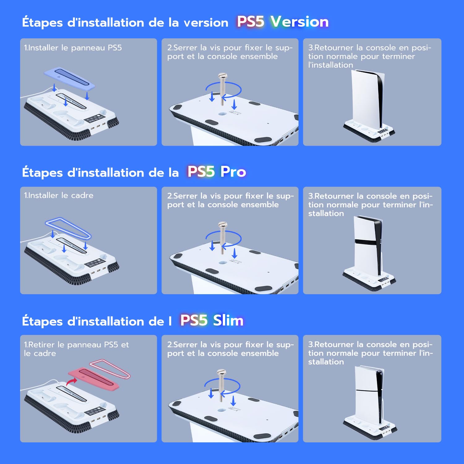 Wigearss PS5/PS5 Slim/PS5 Pro Ventilateur Station de Refroidissement, Support de Charge Vertical avec Chargeur Double pour Manettes, Lumière LED et 3 Hubs USB