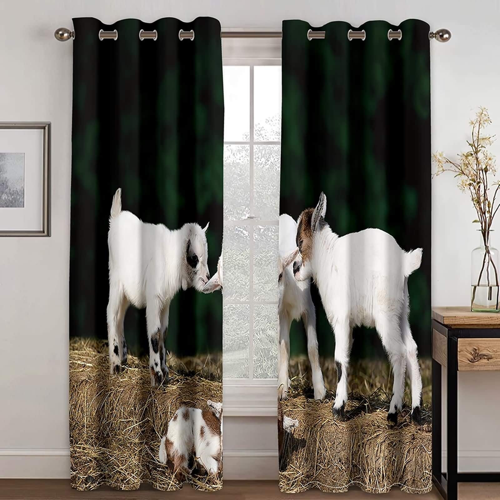 Rideaux de fenêtre occultant KnSam 107x183cm, motif agneaux blanc et vert pour chambre salon
