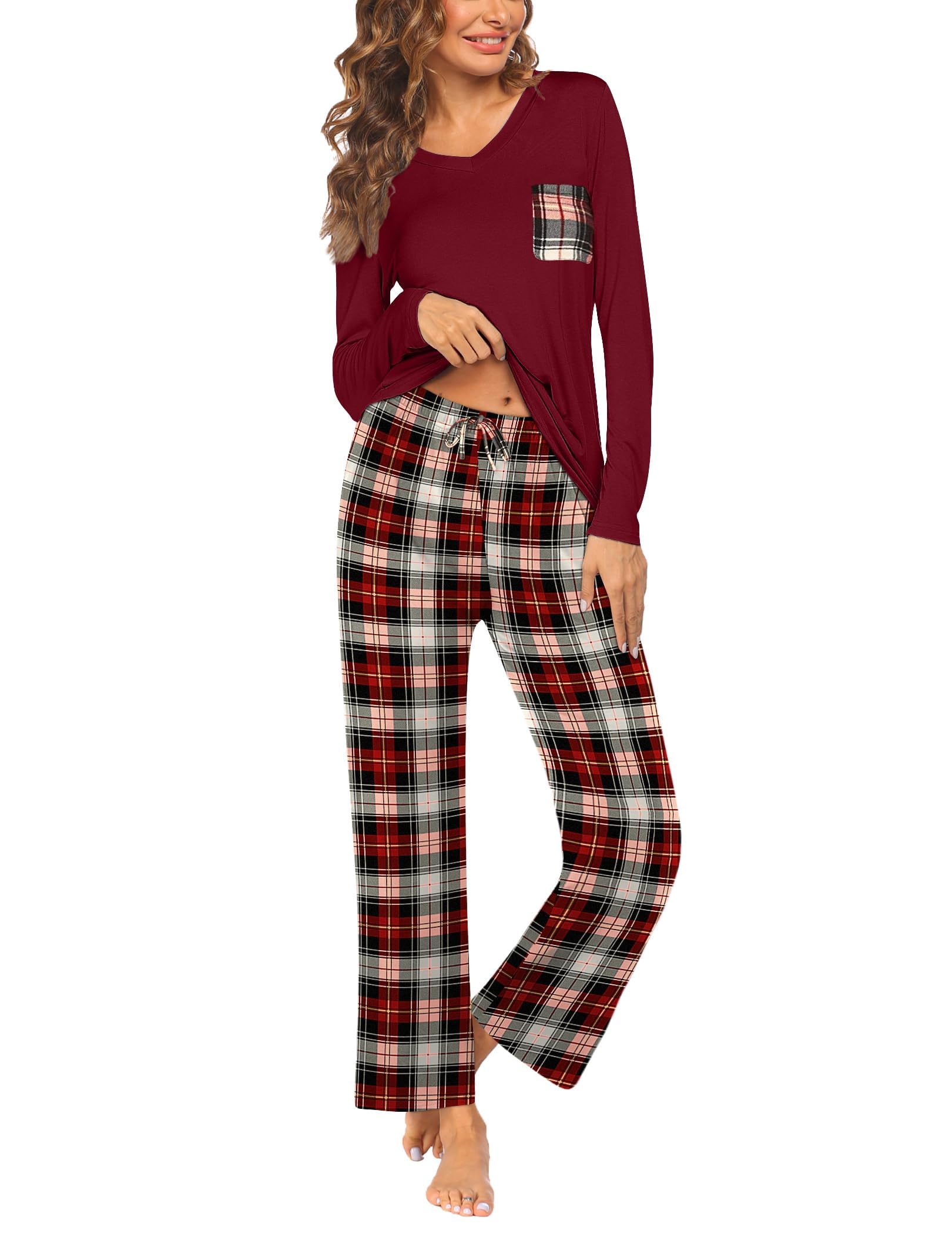 Ekouaer Schlafanzug Damen Lang Winter Kuschelig Pyjama Set Nachtwäsche | Karierte, gestreifte oder einfarbige Pyjamahosen zur Auswahl, Brusttasche, Bequeme Loungewear für Frauen und Seniorinnen