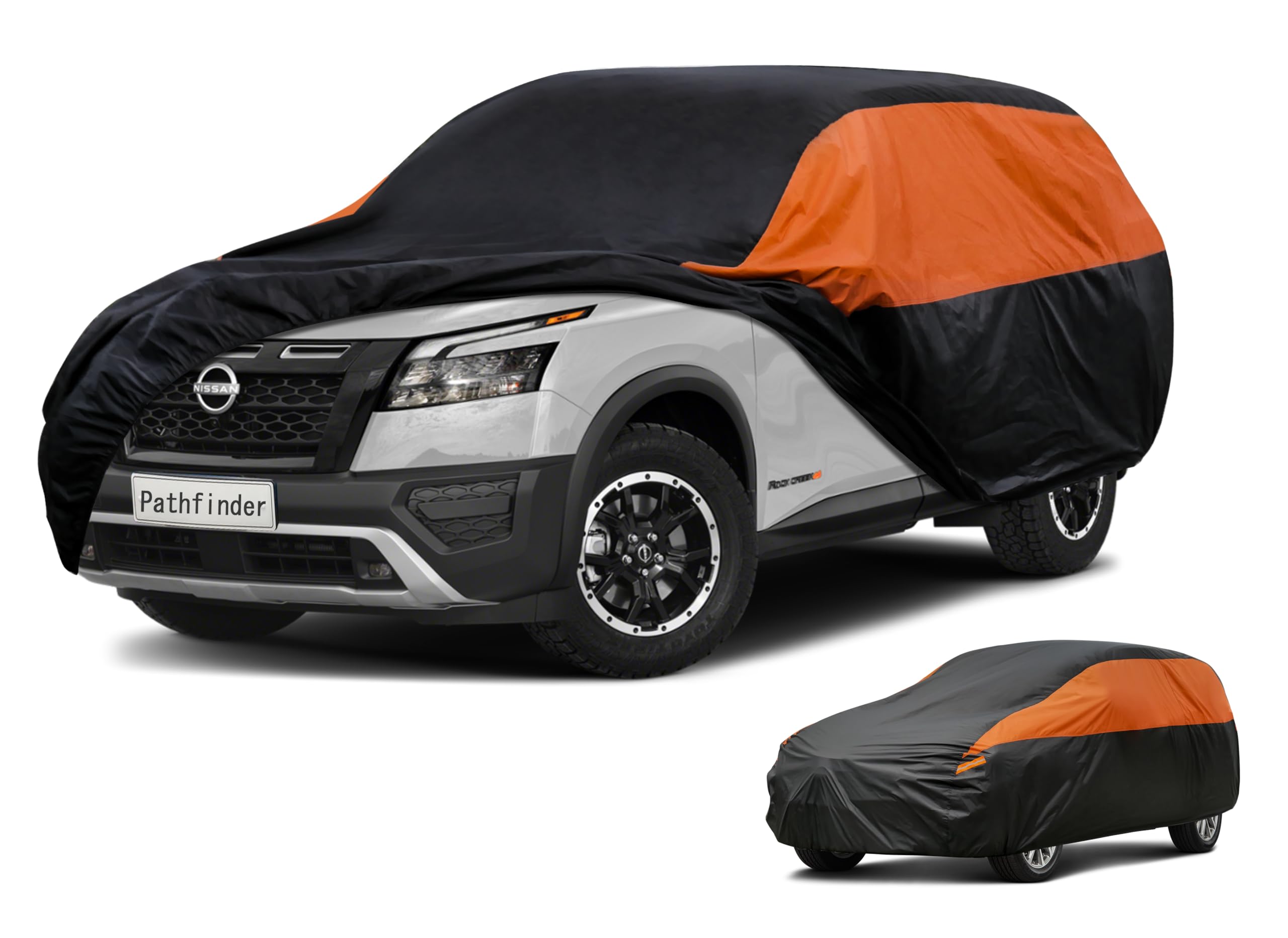 GUNHYI Waterproof SUV Full Car Cover Custom Fit Nissan Pathfinder | All‑weather Outdoor sun/rain/dust/snow/wind/UV protection, breathable lightweight fabric, black‑orange design,storage bag