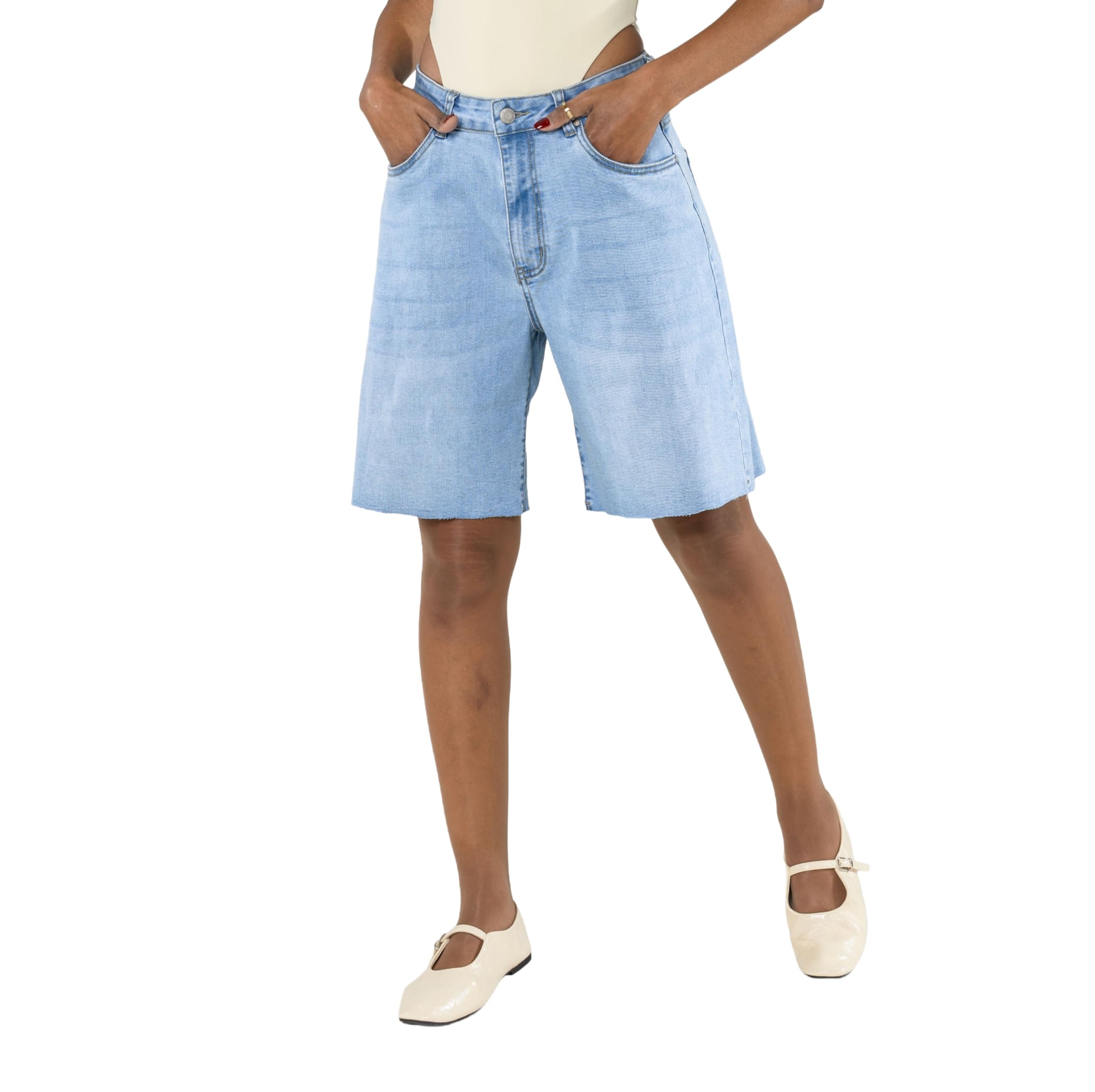 Nina Carter Pantaloncini in jeans da donna P619, lunghi bermuda in denim, taglio ampio, orlo sfilacciato, pantaloncini estivi elasticizzati, bermuda da donna