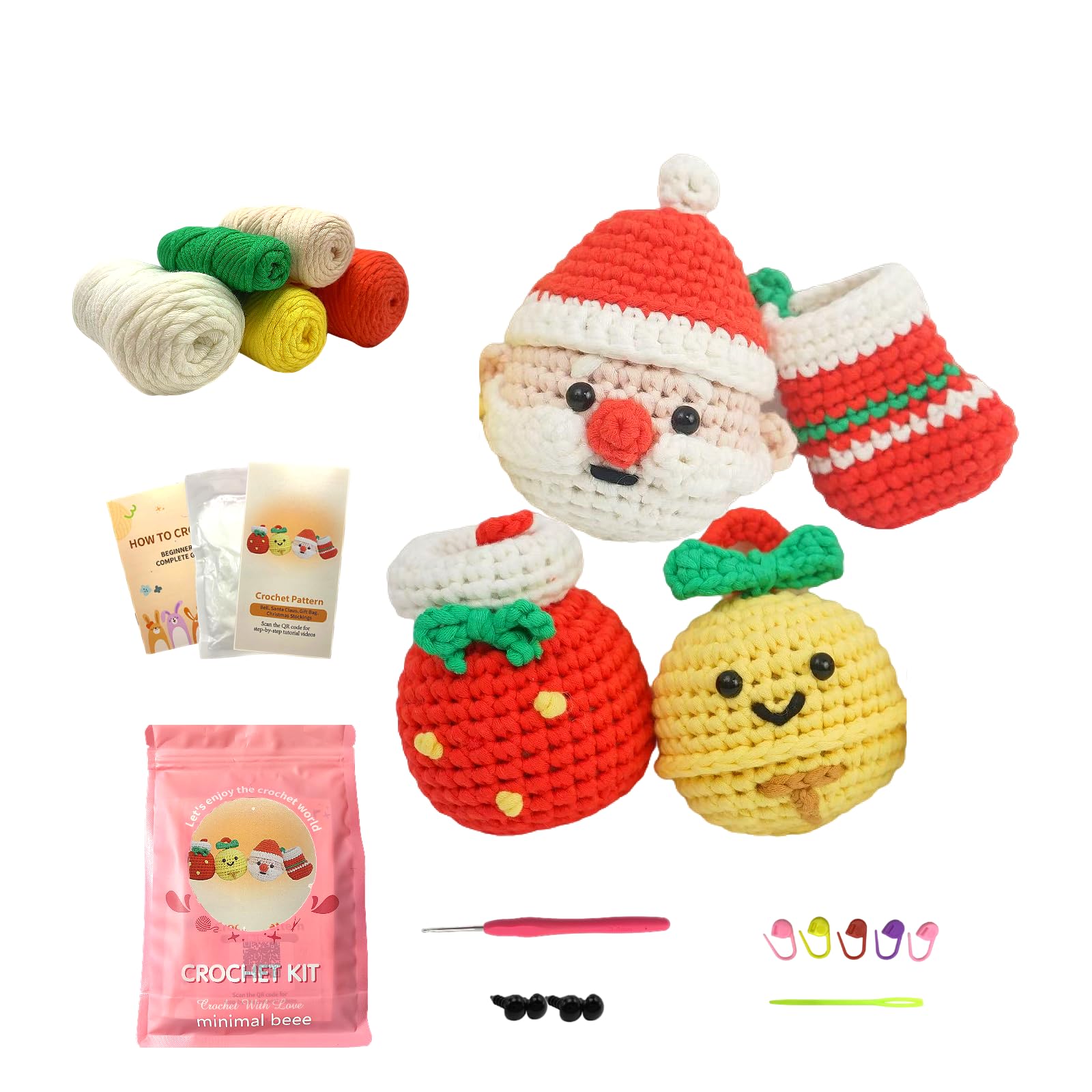 minimal beee Beginner Crochet Kit for Christmas– 4-Piece Santa &amp; Stockings Set with Easy Peasy Yarn, Ergonomic Crochet Hooks, Video Tutorials, DIY Holiday Decor for Adults