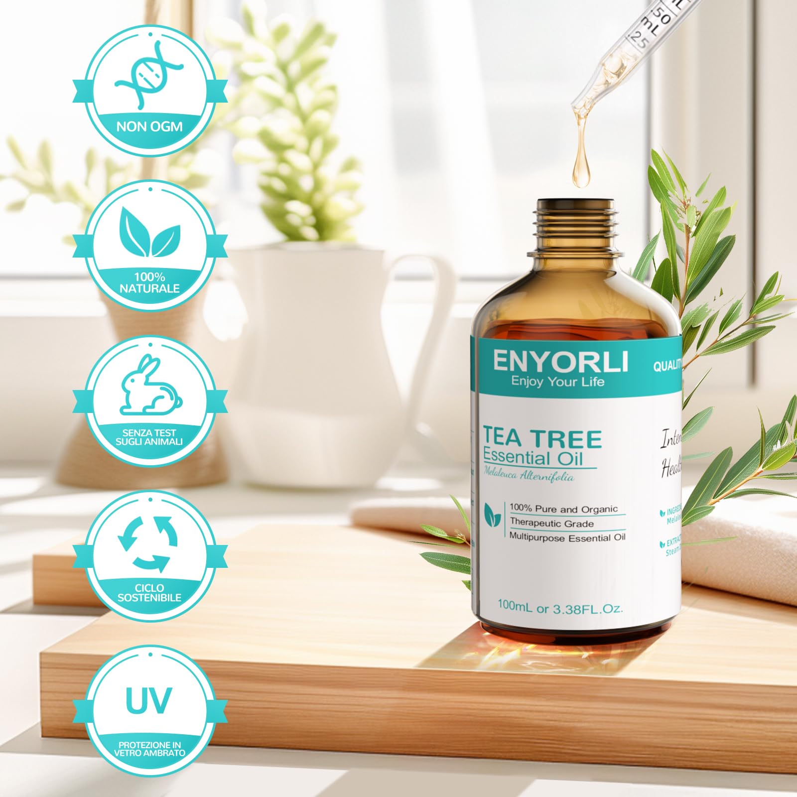 ENYORLI Tea Tree Essenziale Olio 100ml Naturale Tea Tree Olio per Pelle Viso Capelli Unghie, Aromaterapia, Diffusori, Fabbricazione di Candele, Massaggi, Cura della Casa, Sterilizzazione, Uso Esterno