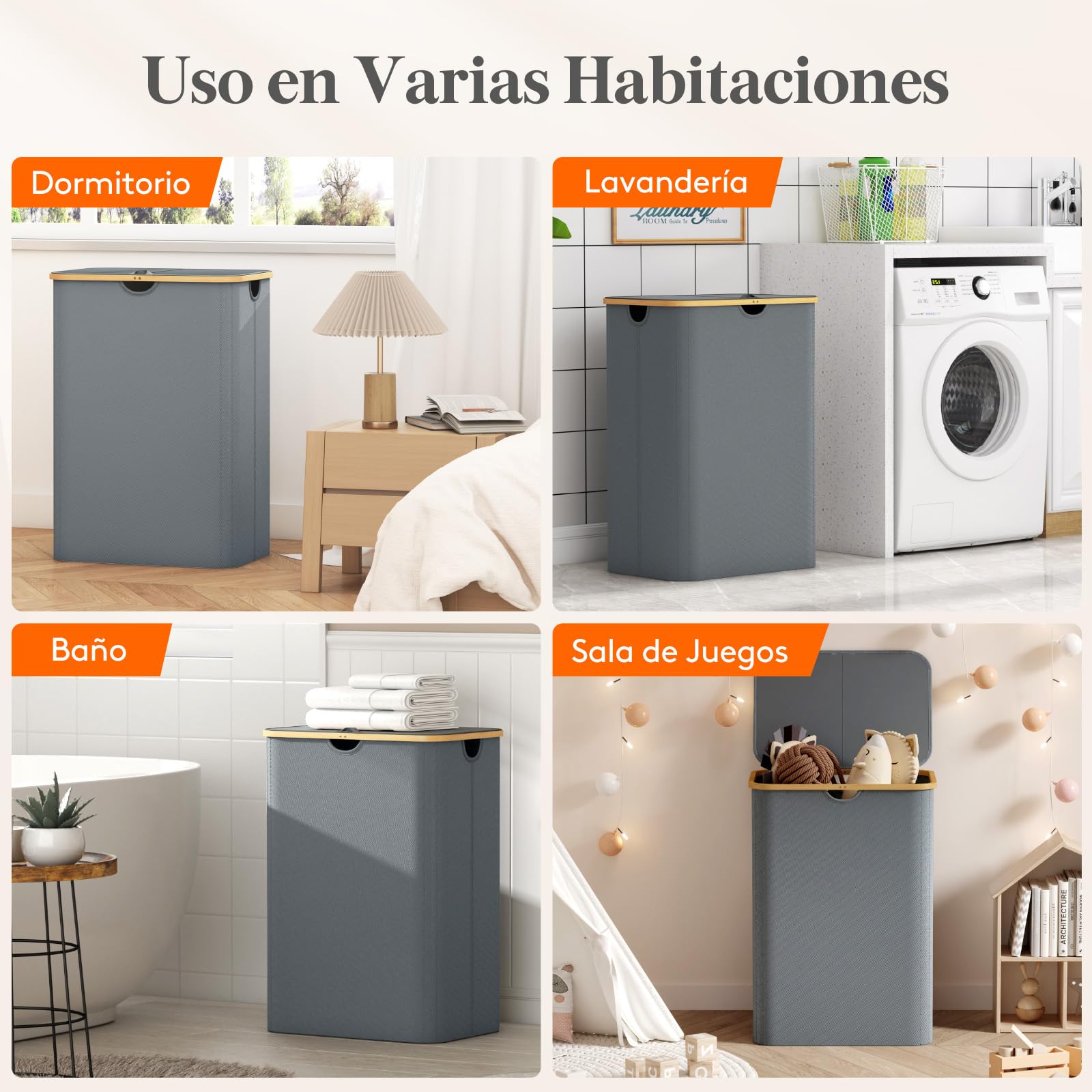 Lifewit 170L Cesto Ropa Sucia con Tapa, Grande Cesta para la Ropa Sucia con 3 Compartimientos y 3 Bolsas, Cubo Ropa Sucia para Dormitorio, Baño y Lavadero, Gris Claro