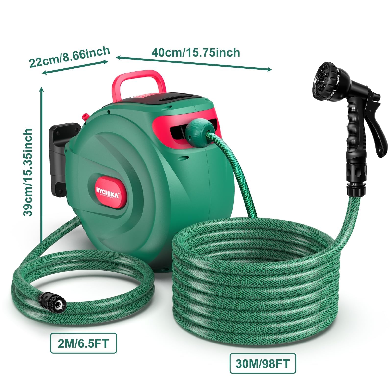 HYCHIKA Enrollador Manguera Jardin 30M - Carrete Retráctil Manguera para Pared, Bloqueo Automático, Pistola 8 Funciones, Caja Giratoria 180°, Almacenaje Seguro Riego Exterior