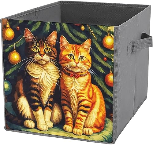 MEIKKO Vintage Christmas Tree Cats Storage Cubes, 11 Inch Fabric Bins with Double Handles,Closet Organizers for Shelves,Foldable,for Clothes,Toys