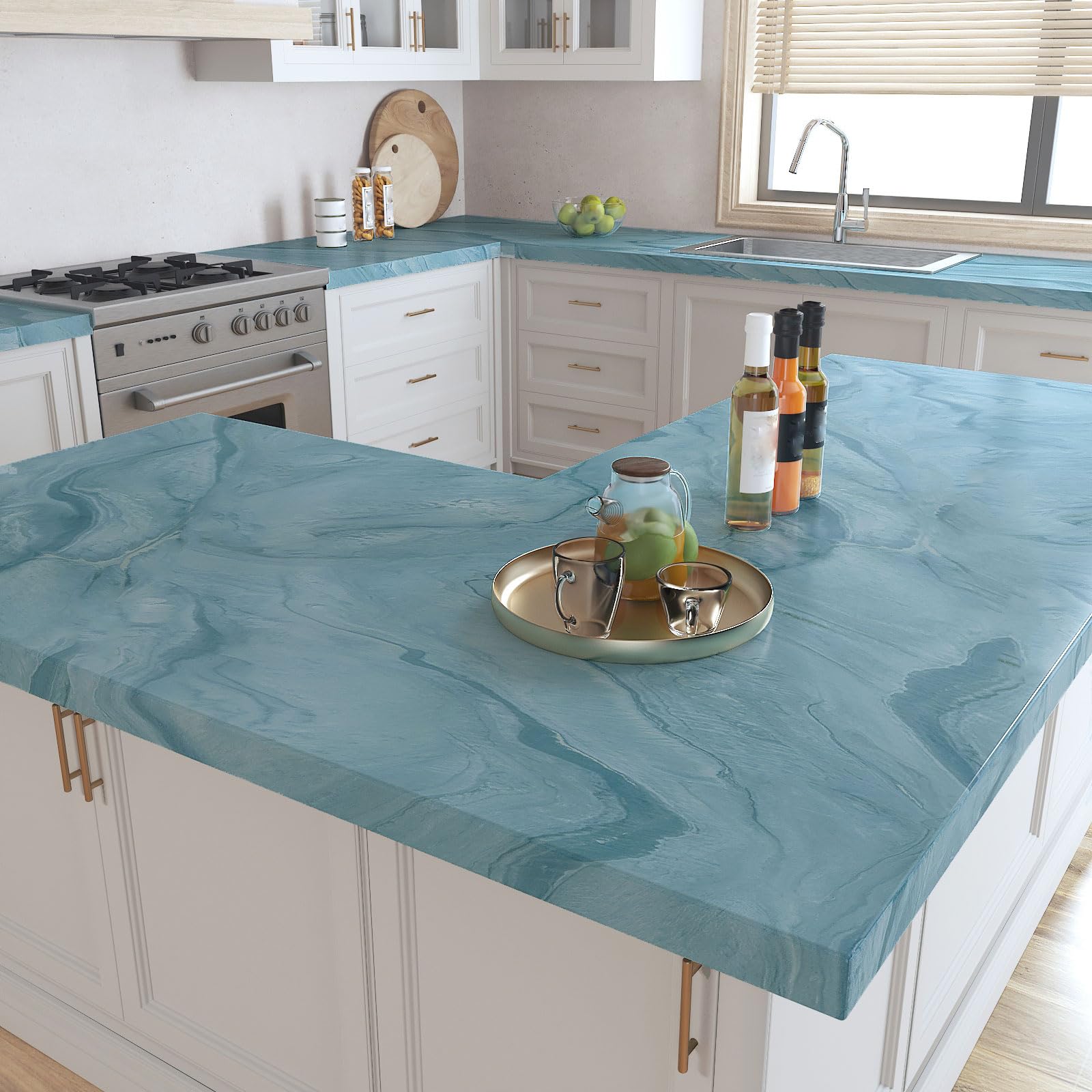 LaCheery Azul Vinilo Adhesivo Muebles Marmol Mate Papel Autoadhesivo Encimera Cocina 90cm x 400cm Papel Adhesivo para Muebles Marmol Azul Lavable Vinilos Adhesivos Decoración para Armario Mesa Puerta