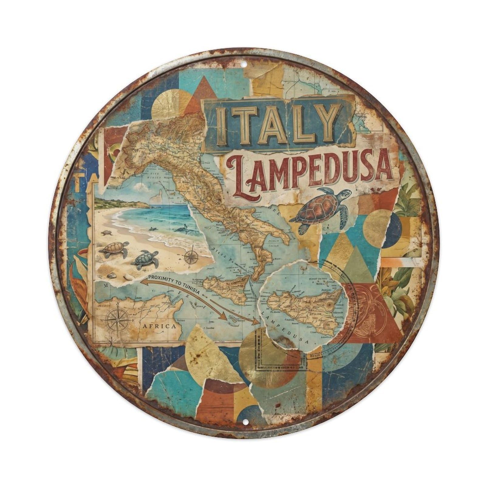 Lampedusa Beaches Italian Collage Style Coastal Travel Metal Tin Sign Plaque Wall Decor for Cafe, Man Cave, Club Bar, Office, Home Garden Round Metal Poster 8x8Inch
