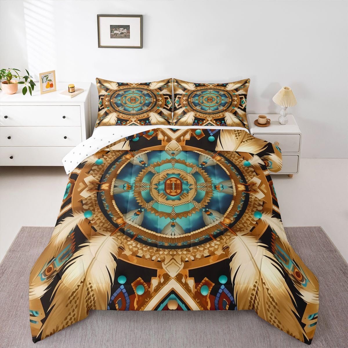 jejeloiu Southwestern Bedding Set Soft for Boys Girls, Tribal Native Comforter Set King Size Yellow Teal Duvet Quilt Microfiber Bedroom Decor 3 Pcs with 2 Pillow Cases