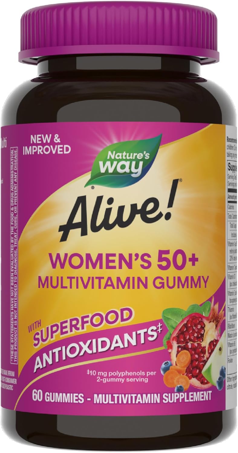 Boericke & Tafel Nature’s Way Alive Women’s 50+ Multivitamin Gummies FoodBased Blend 75mg per serving Gluten Free Made with Pectin Gummies, Wine, Fruit, 60 Count