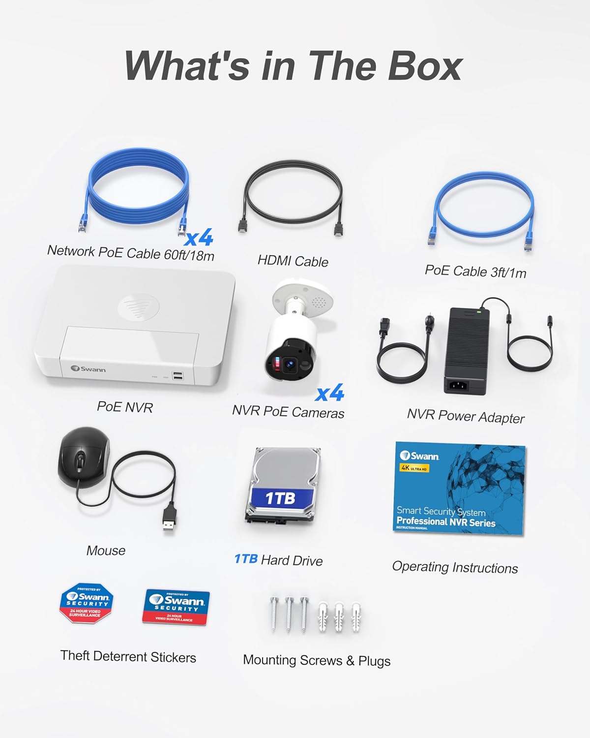 Swann Pro 4K Ultra HD, 8 Channel Security System, 1TB NVR, 4 Bullet PoE IP Cameras Outdoor, Wired Surveillance CCTV, Heat Motion Vehicle Detection, LED Light, 24/7 Recording Security Camera, 88980W4