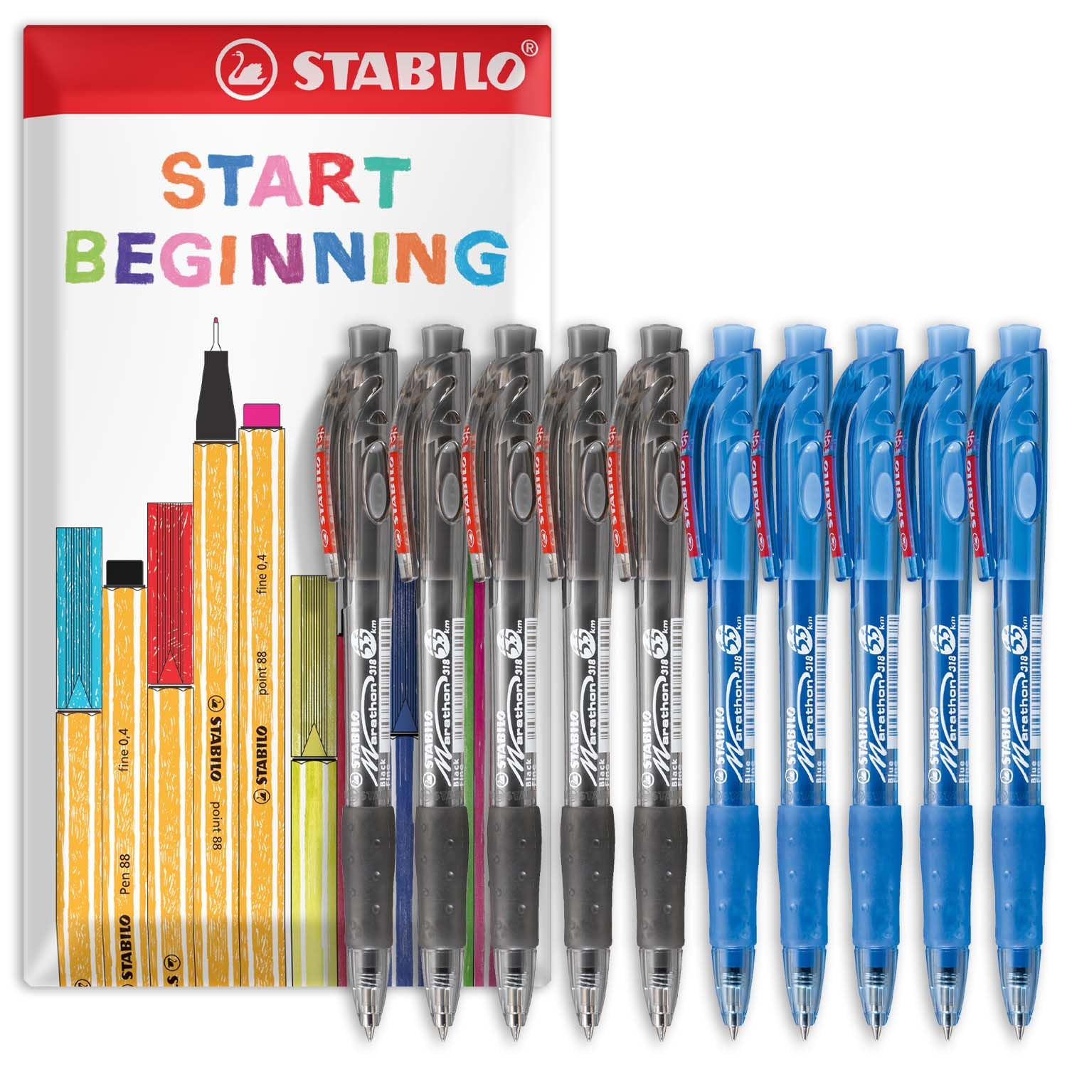 STABILO marathon - Retractable Ballpoint Pen - Fine 0.7mm Nib Pens - Envelope Gift Pack of 10 (Black, Blue)