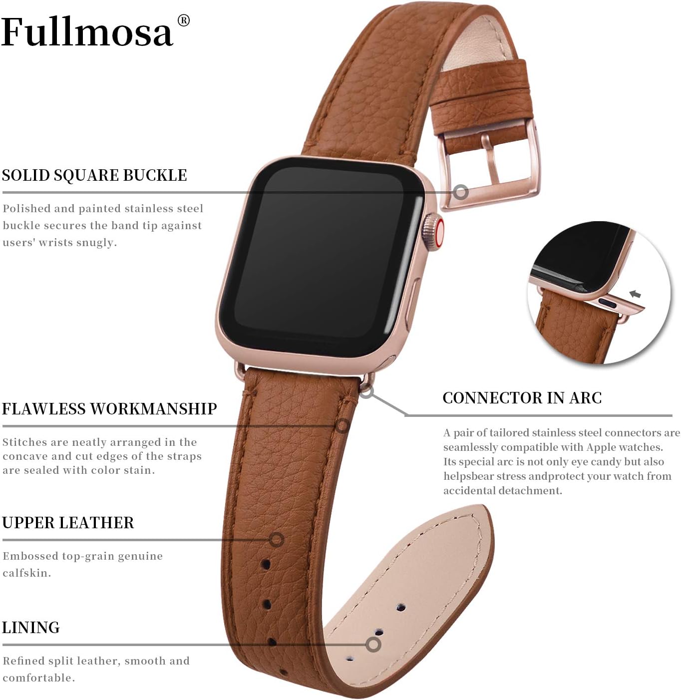 Fullmosa Compatible Stainless Steel No tools needed Apple Watch Band 41mm/40mm/38mm Rose Gold with Case & Compatible Leather iWatch Band 41mm/40mm/38mm,Brown+Rose Gold