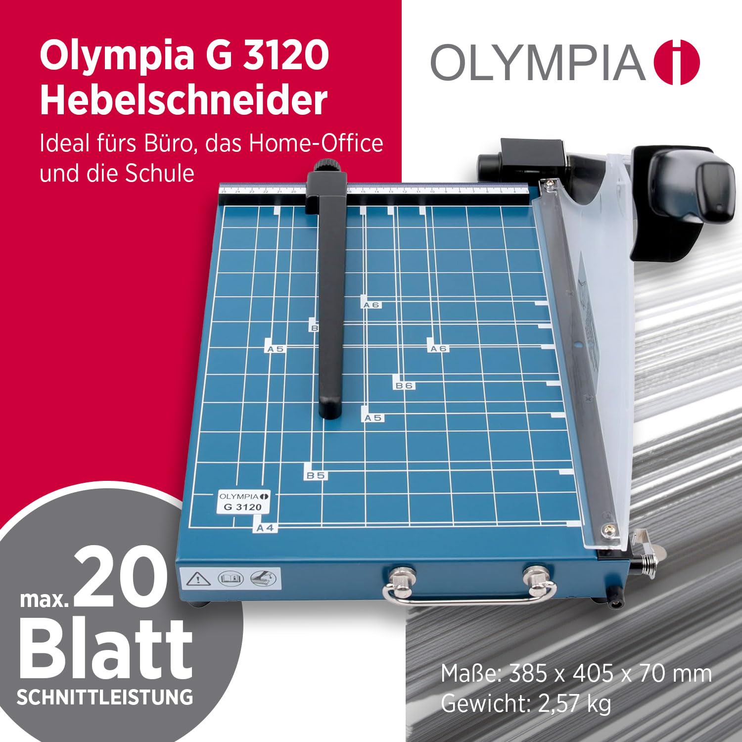 Olympia G 3120 Profi Hebelschneider | Papierschneidemaschine bis zu 20 Blatt | Papierschneider DIN A4 | 310 mm Arbeitsbreite | Schneid-Schutz & Arretierungsmöglichkeit | Papier Schneidegerät | blau