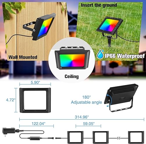 Miniatura 6 de Hovothy Luz LED RGB, equivalente a 150 W, 1500 lúmenes, cambio de color inteligente, luz LED de paisaje, control de aplicación, blanco cálido 2700 K
