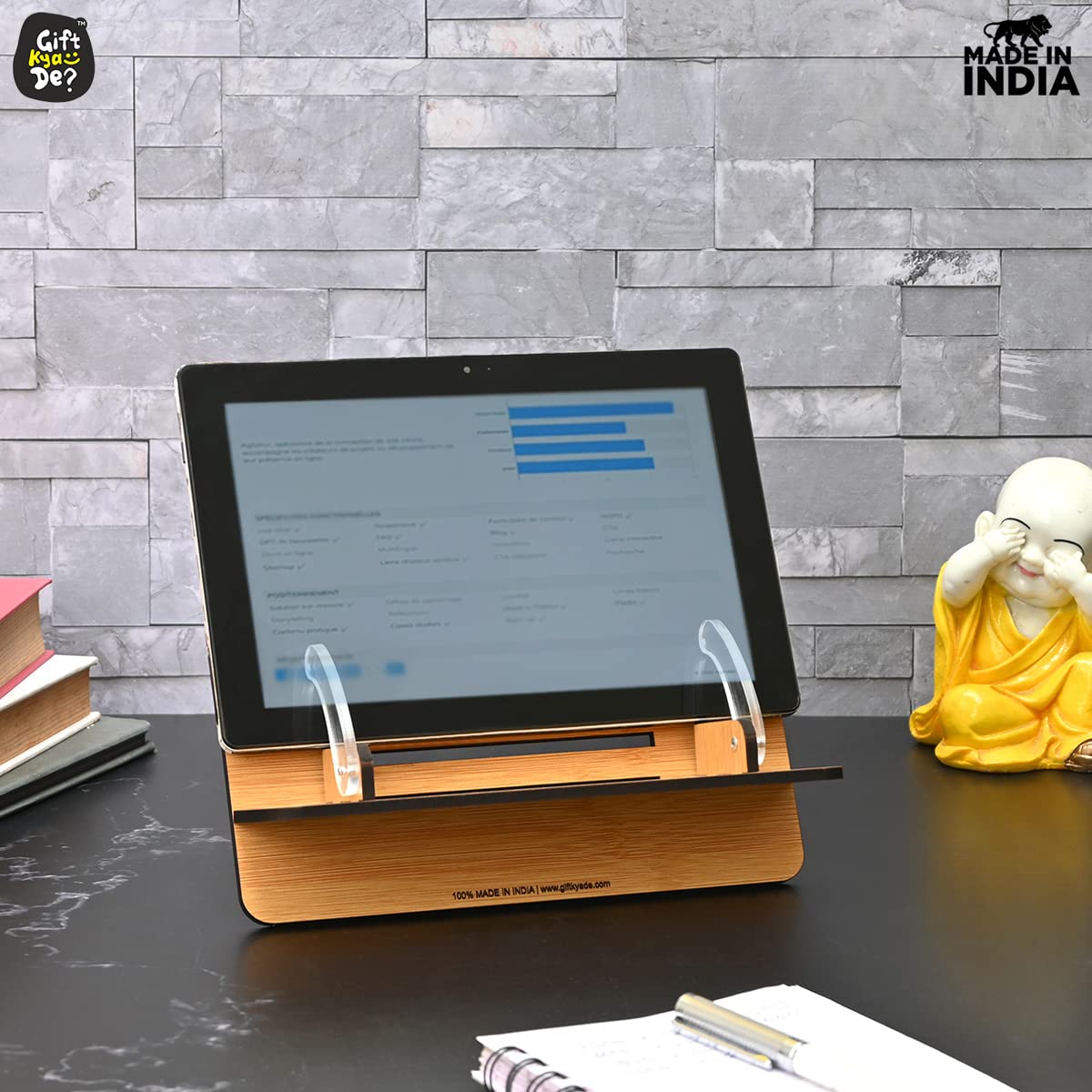 GKD Book Reading Stand Desk Accessories for Adjustable Reading Angles Compatible with All Size Books, Tablet and Mobile All in one Book Holder for Reading (Made in India Eco Friendly) Bamboo 4