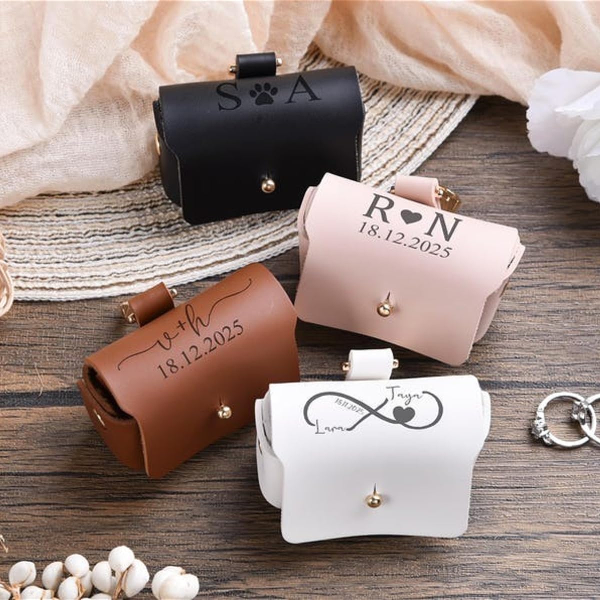 Personalized Engagement Proposal Wedding Ring Bearer Pouch for Dog Collar, Custom Leather Wedding Ring Box Holder for Pet (White) image 3