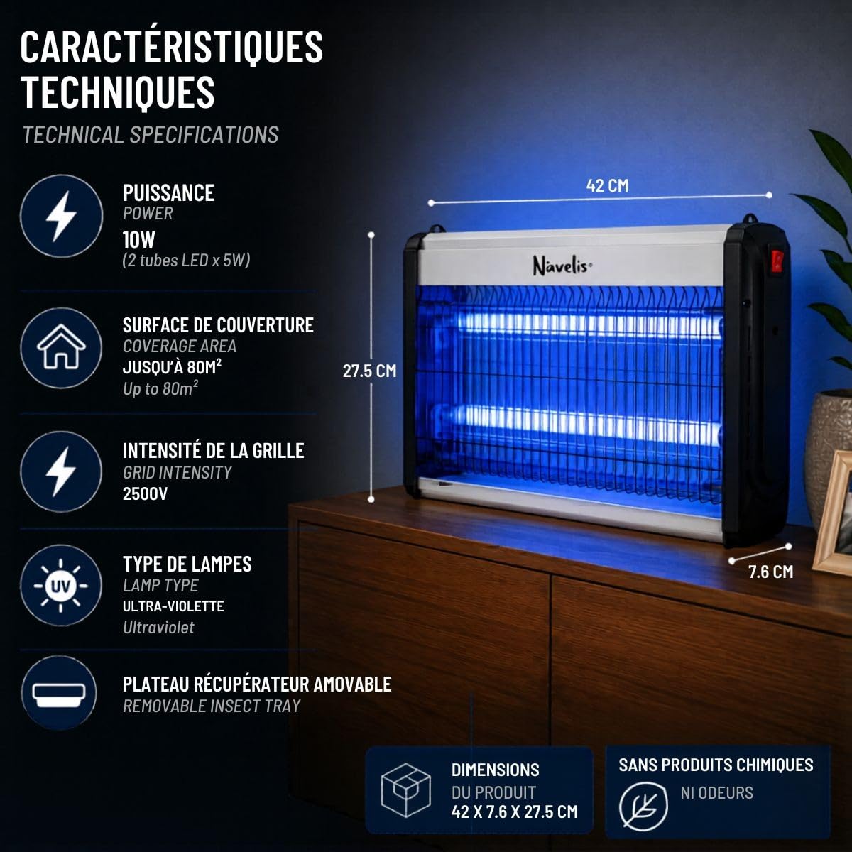 INTEC - Lampe Anti Moustique Intérieur Extérieur 2500V Technologie LED 14W Surface 120m² Elimine Mouches Moucherons & Insectes Volants