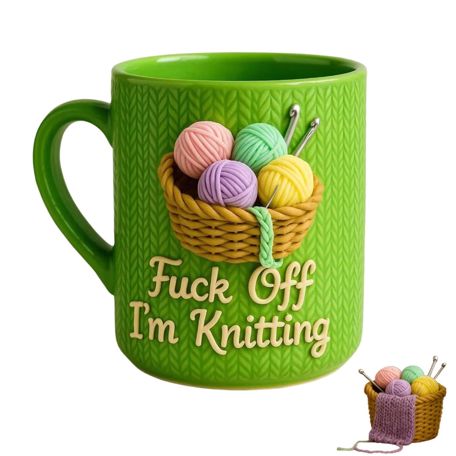 JIchuansnli Fuck Off I'm Knitting Mug, 11oz Sarcastic Ceramic Cup with 2D Yarn Basket Design, Funny Coffee Mug Tea Cup, Microwave & Dishwasher Safe, for Home Office Decor