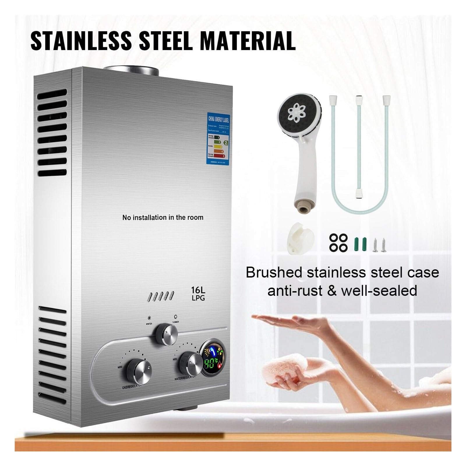 Riscaldatore di acqua calda a gas 6-18L Caldaia istantanea senza serbatoio a propano con kit doccia GPL Scaldabagno Elettrodomestico(6L 12KW)