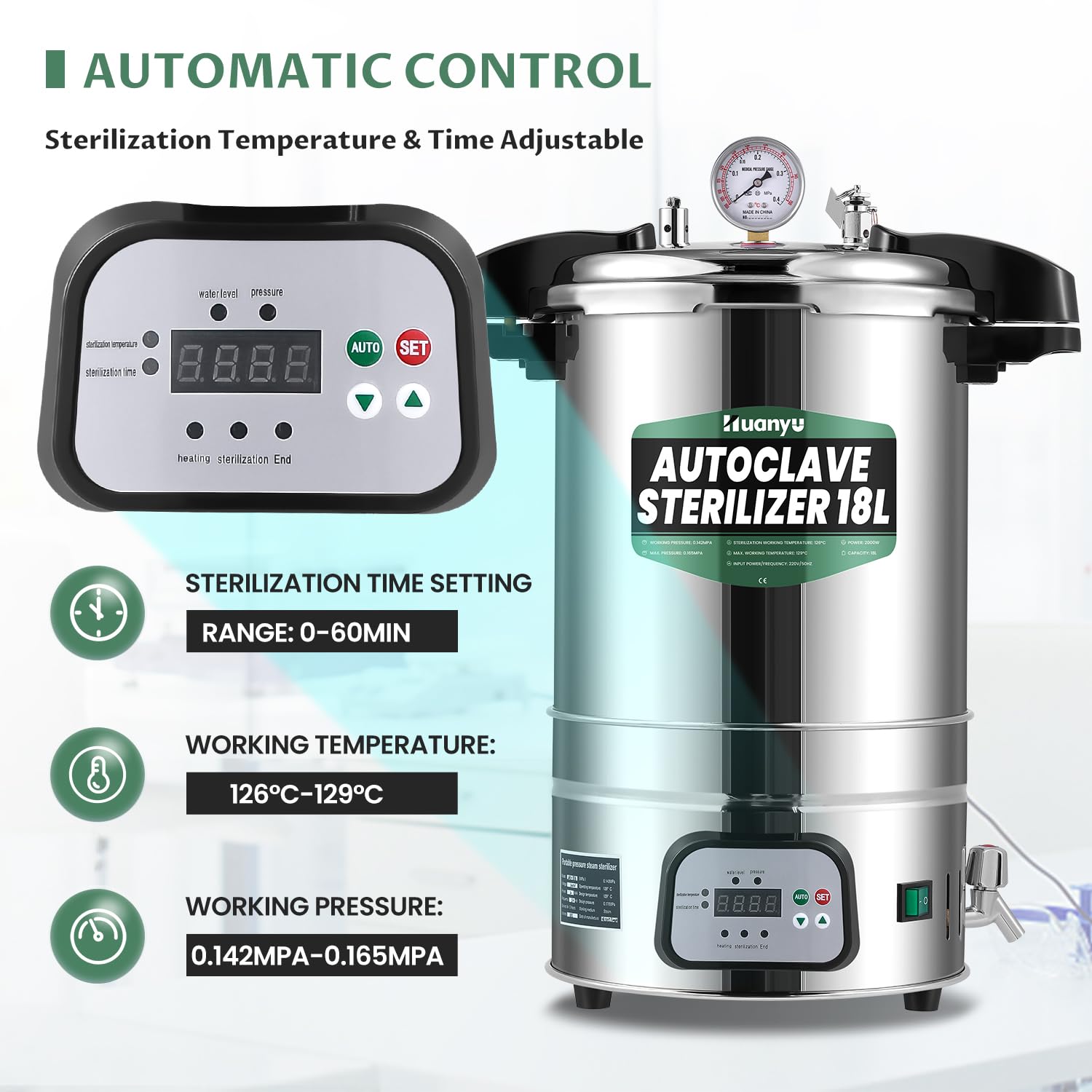 Huanyu 18L Autoclave Sterilizzatore Automatico a Vapore Controllo intelligente Laboratorio Autoclavi Elettriche Temperatura e Tempo Sterilizzatore a Vapore ad Alta Pressione Regolabile