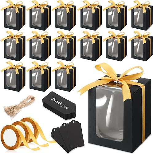 Fulmoon Paquete de 50 cajas de regalo para copa de vino, regalo transparente, caja de embalaje de papel de vidrio sin tallo de 9 onzas con etiqueta