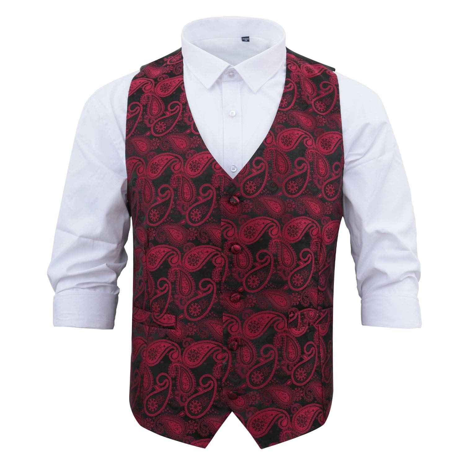 Dqt Men's Black & Red Paisley Bohemian Floral Wedding Waistcoat – Groom Formal Suit Vest 48" (4Xl)