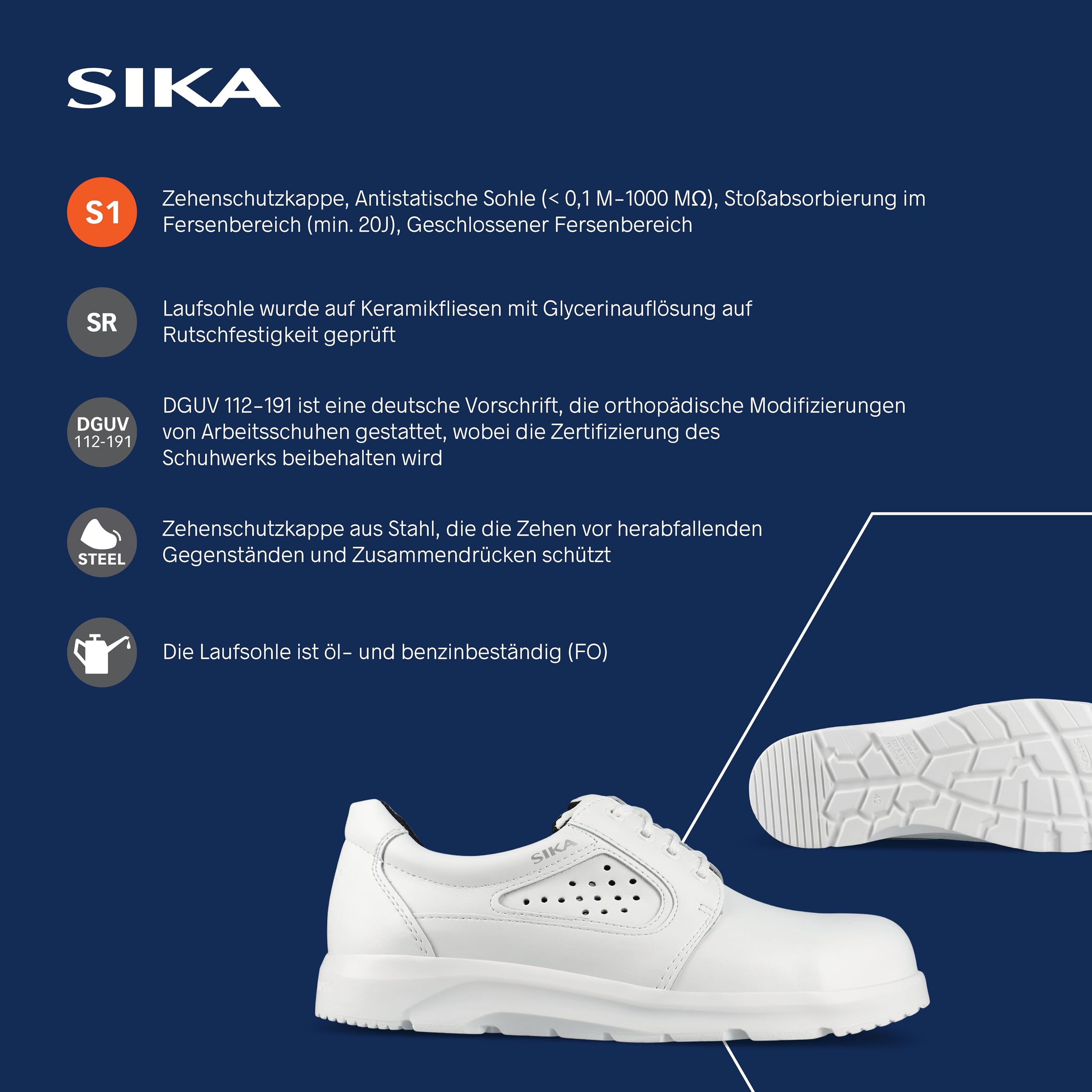 SIKA Optimax Unisex-Sicherheitsschuh mit Schnürung, Permair-Leder mit Zehenkappe, rutschfeste PU-Sohle, antibakterielle Innensohle, Arbeitsschuh für Mitarbeiter in der Lebensmittel- und Medizinbranche