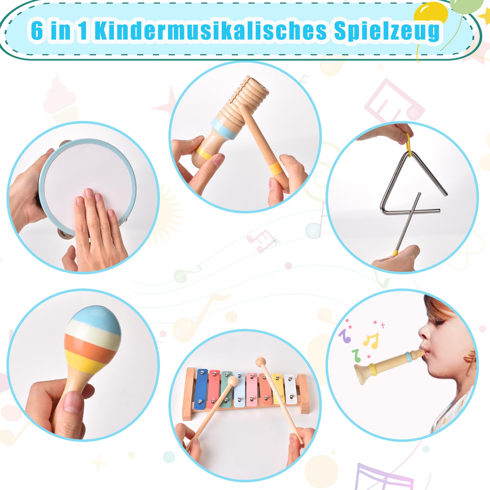 Strumenti Musicali Bambini 1 Anno,6 in 1 Giochi Legno Montessori Sensoriale con Maracas Xilofono Tamburello Gioco Bambi Bimba,Educativi Interattivo Regalo Compleanno Natale per Bambini di 2 3 4 5 Anni
